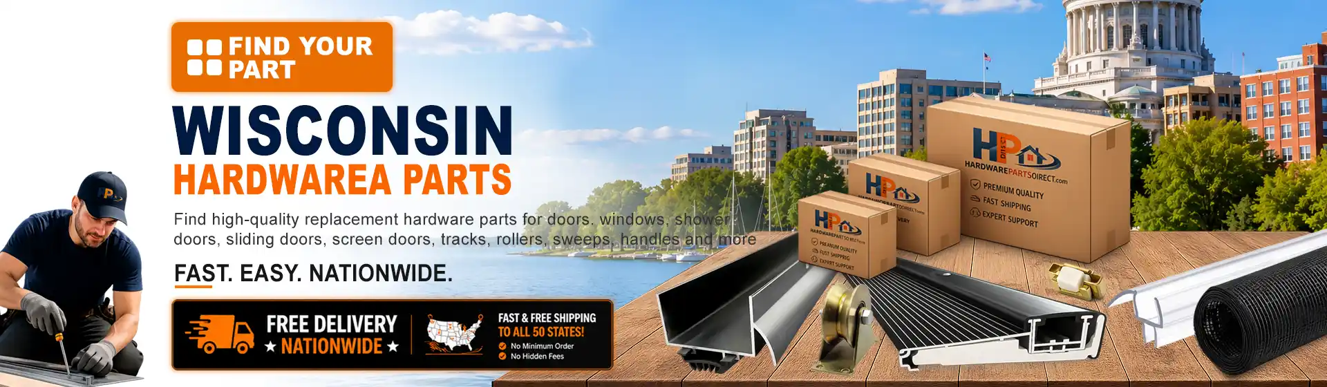 Wisconsin hardware parts featuring replacement door, window, shower door, sliding door, roller, track, sweep, handle, and threshold components with free nationwide delivery.