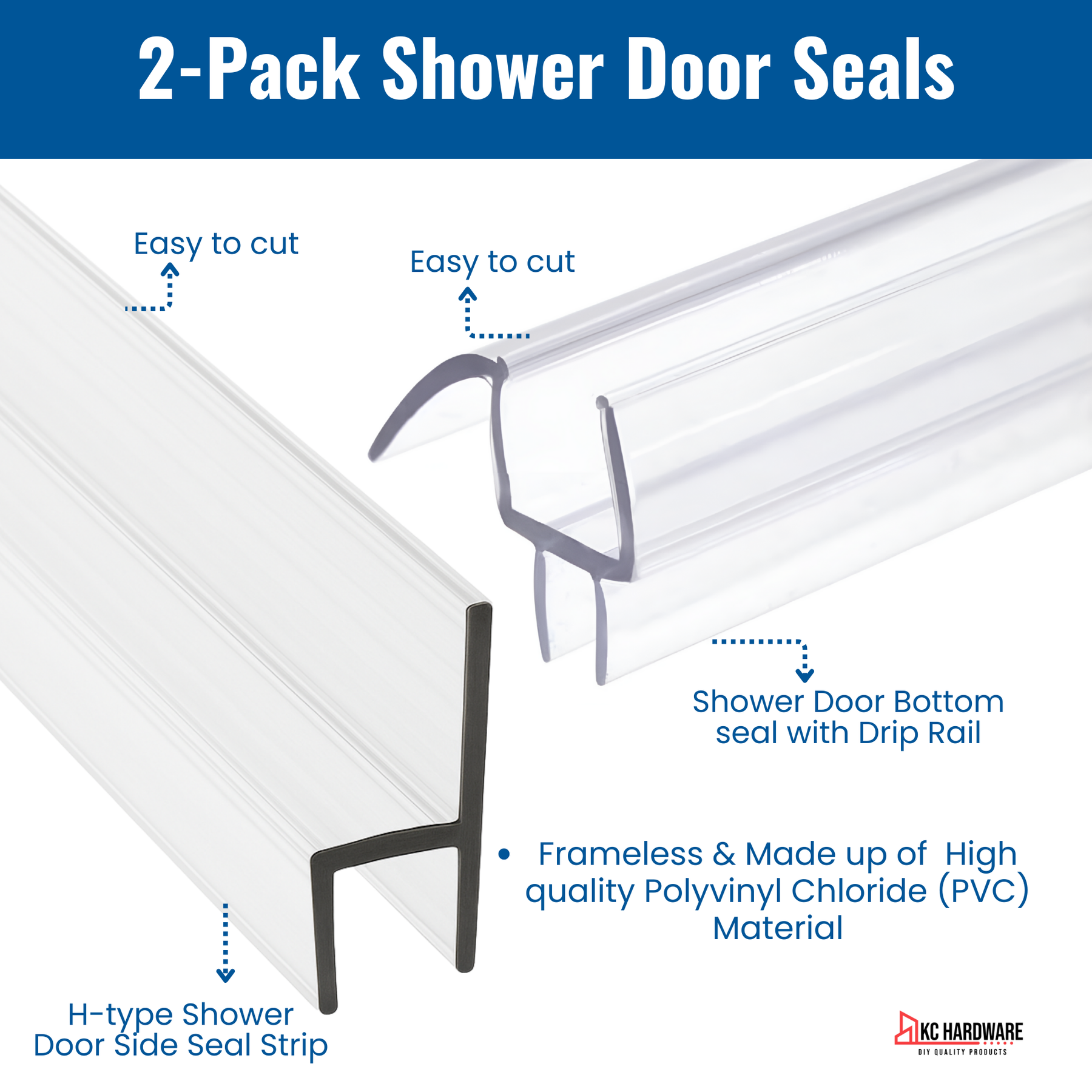 Clear PVC Shower Door Seal Kit: 72" H Side Seal + 40" Bottom Drip Rail