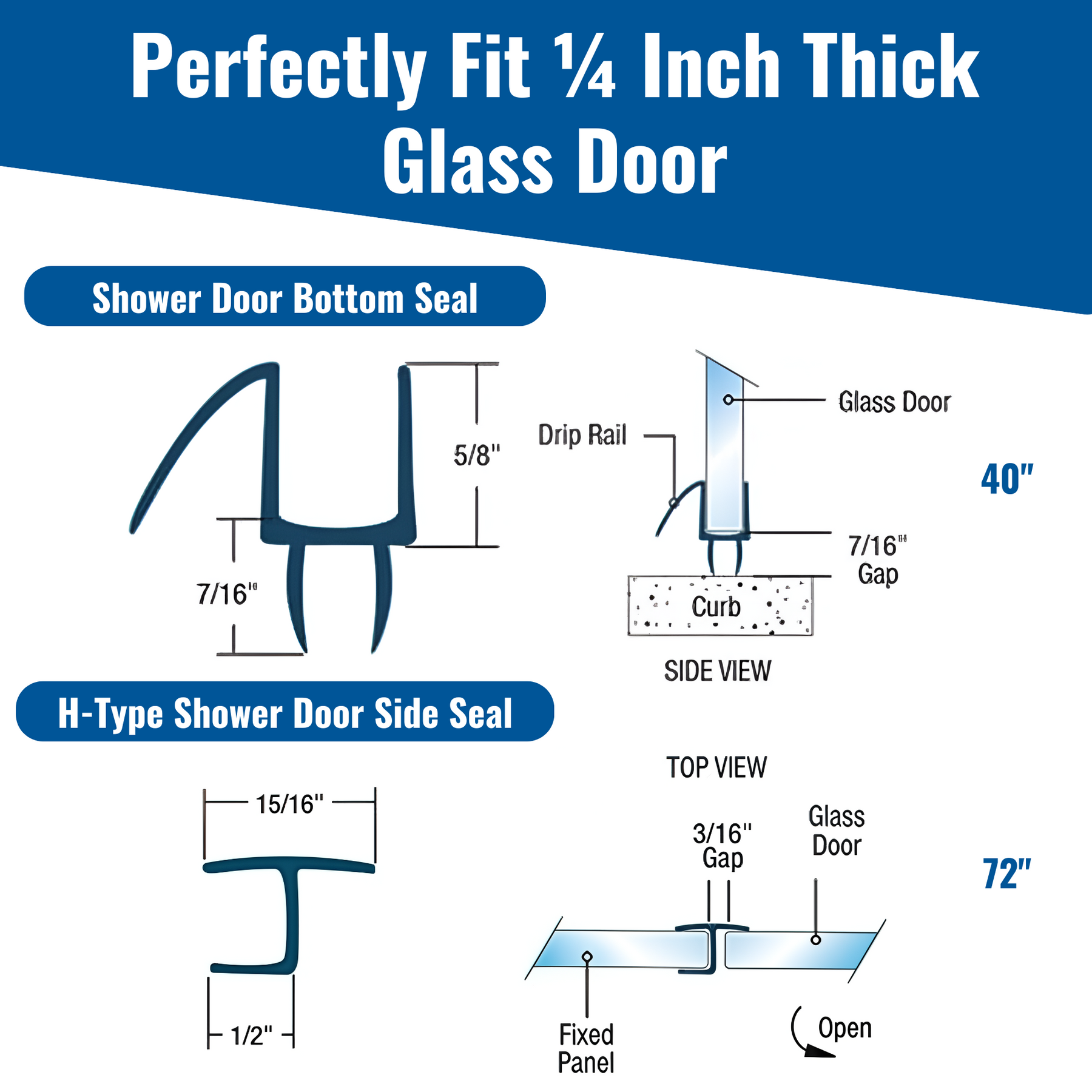 Clear PVC Shower Door Seal Kit: 72" H Side Seal + 40" Bottom Drip Rail