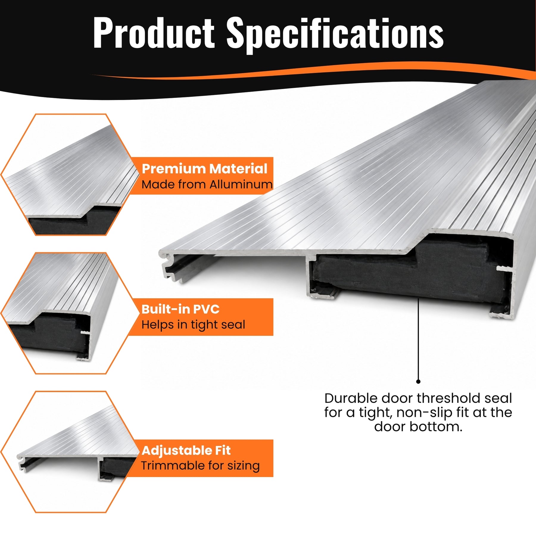 Silver Aluminum Door Threshold with PVC Seal, Available in 32 in x 5-5/8 in, 36 in x 4-9/16 in, and 36 in x 5-5/8 in Sizes