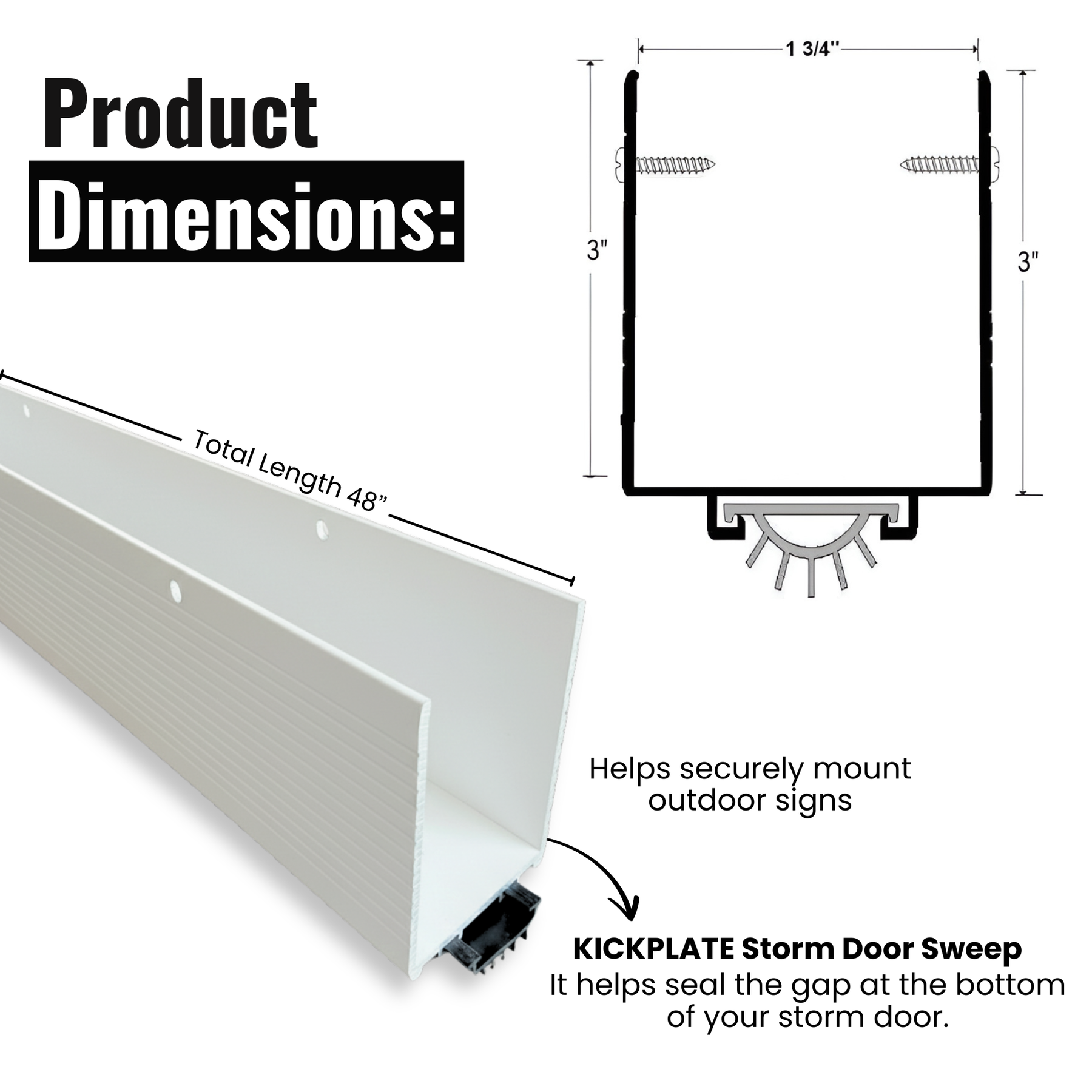 48 In White Aluminum U-Shaped Storm Door Bottom Sweep with Rubber Seal