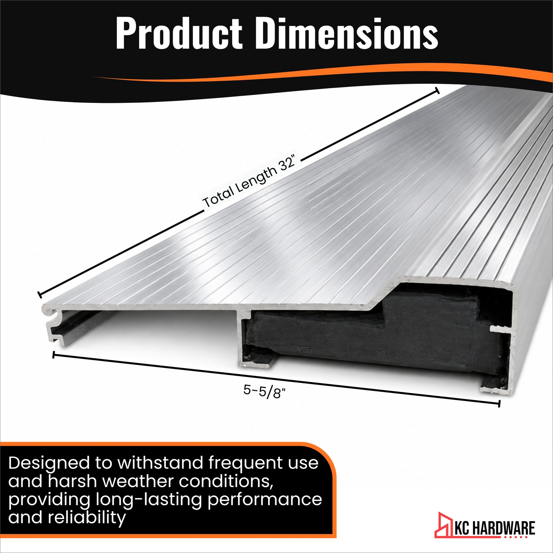 Silver Aluminum Door Threshold with PVC Seal, Available in 32 in x 5-5/8 in, 36 in x 4-9/16 in, and 36 in x 5-5/8 in Sizes