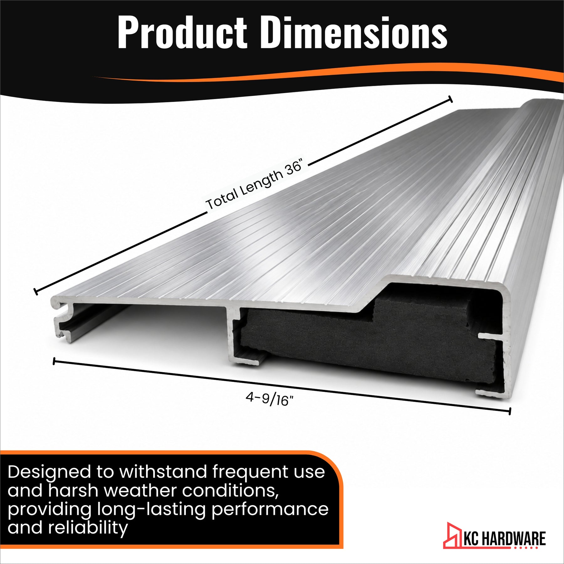 Silver Aluminum Door Threshold with PVC Seal, Available in 32 in x 5-5/8 in, 36 in x 4-9/16 in, and 36 in x 5-5/8 in Sizes