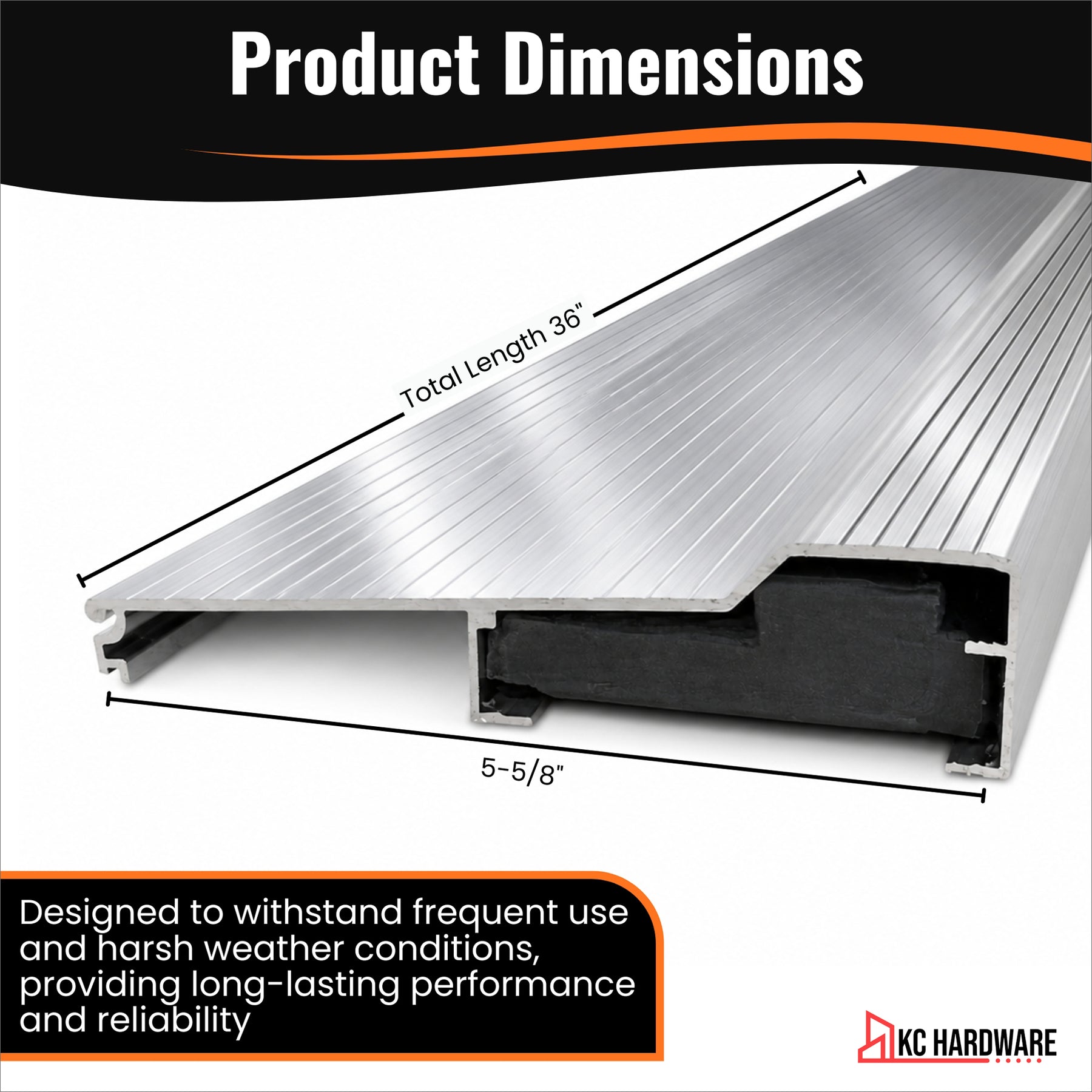 Silver Aluminum Door Threshold with PVC Seal, Available in 32 in x 5-5/8 in, 36 in x 4-9/16 in, and 36 in x 5-5/8 in Sizes