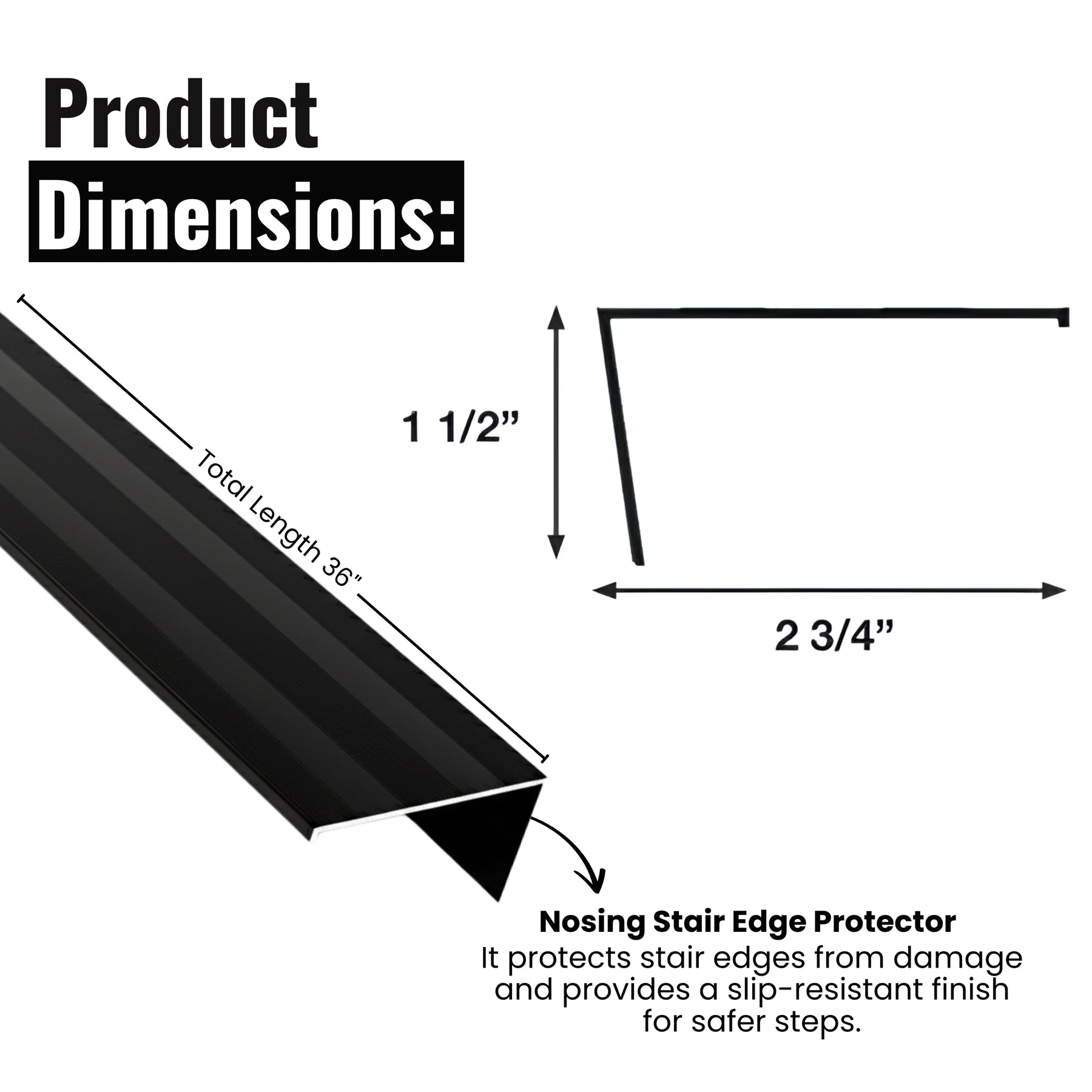 Black Aluminum Stair Nosing Edge Protector – 2 3/4" x 1 1/2" – 32" & 36" Lengths