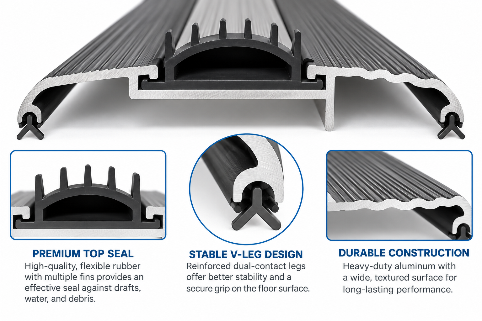 36" Black Door Threshold 3-3/8" Wide x 1/2" High with Replaceable U-Shaped Rubber Sweep & Weather Seals - Image 2